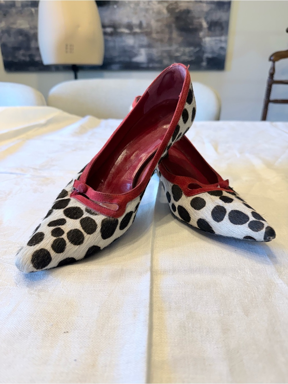 Boden Calf Hair Pony Hair Dalmatian kitten heels red trim Italy EU39 USA 8.5
